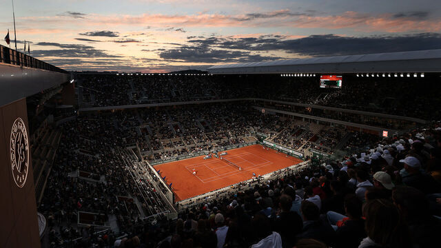 PARIS, FRANCE - MAY 30: A general view of Court Philippe Chatrier during the Men's Singles Fourth Round match Daniil Medvedev and Marin Cilic of Croatia on Day 9 of The 2022 French Open at Roland Garros on May 30, 2022 in Paris, France. .