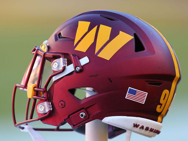 LANDOVER, MD - JANUARY 01: Washington Commanders helmet resting on the bench prior to the Cleveland Browns game versus the Washington Commanders on January 01, 2023, at FedEx Field in Landover, MD.