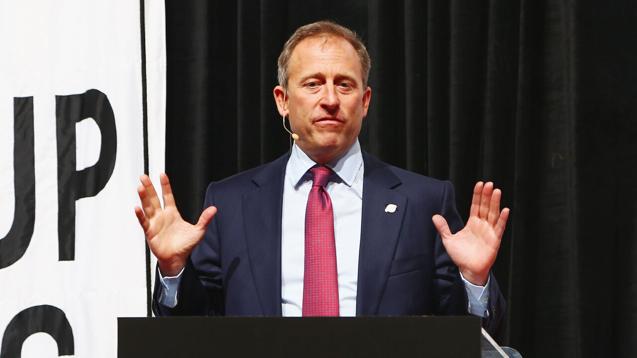 NEWARK, NJ - OCTOBER 06: New Jersey Devils co-owner Josh Harris addresses the guests during the New Jersey Devils announcment to retire Martin Brodeur's number at Prudential Center on October 6, 2015 in Newark, New Jersey.