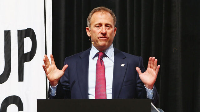 NEWARK, NJ - OCTOBER 06: New Jersey Devils co-owner Josh Harris addresses the guests during the New Jersey Devils announcment to retire Martin Brodeur's number at Prudential Center on October 6, 2015 in Newark, New Jersey.