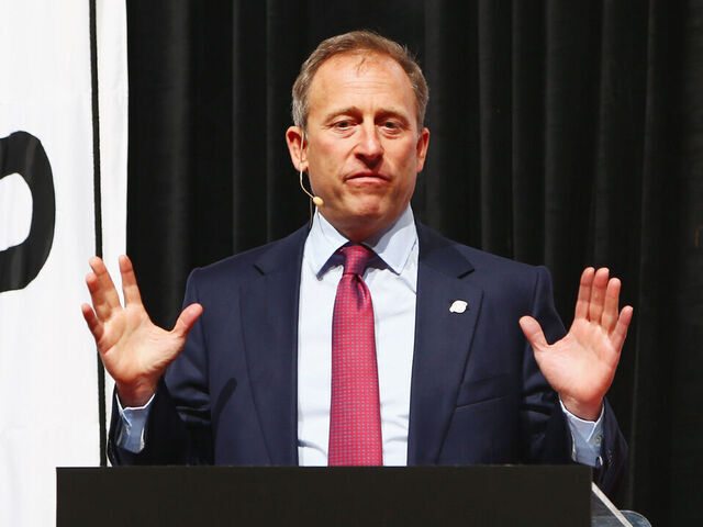 NEWARK, NJ - OCTOBER 06: New Jersey Devils co-owner Josh Harris addresses the guests during the New Jersey Devils announcment to retire Martin Brodeur's number at Prudential Center on October 6, 2015 in Newark, New Jersey.