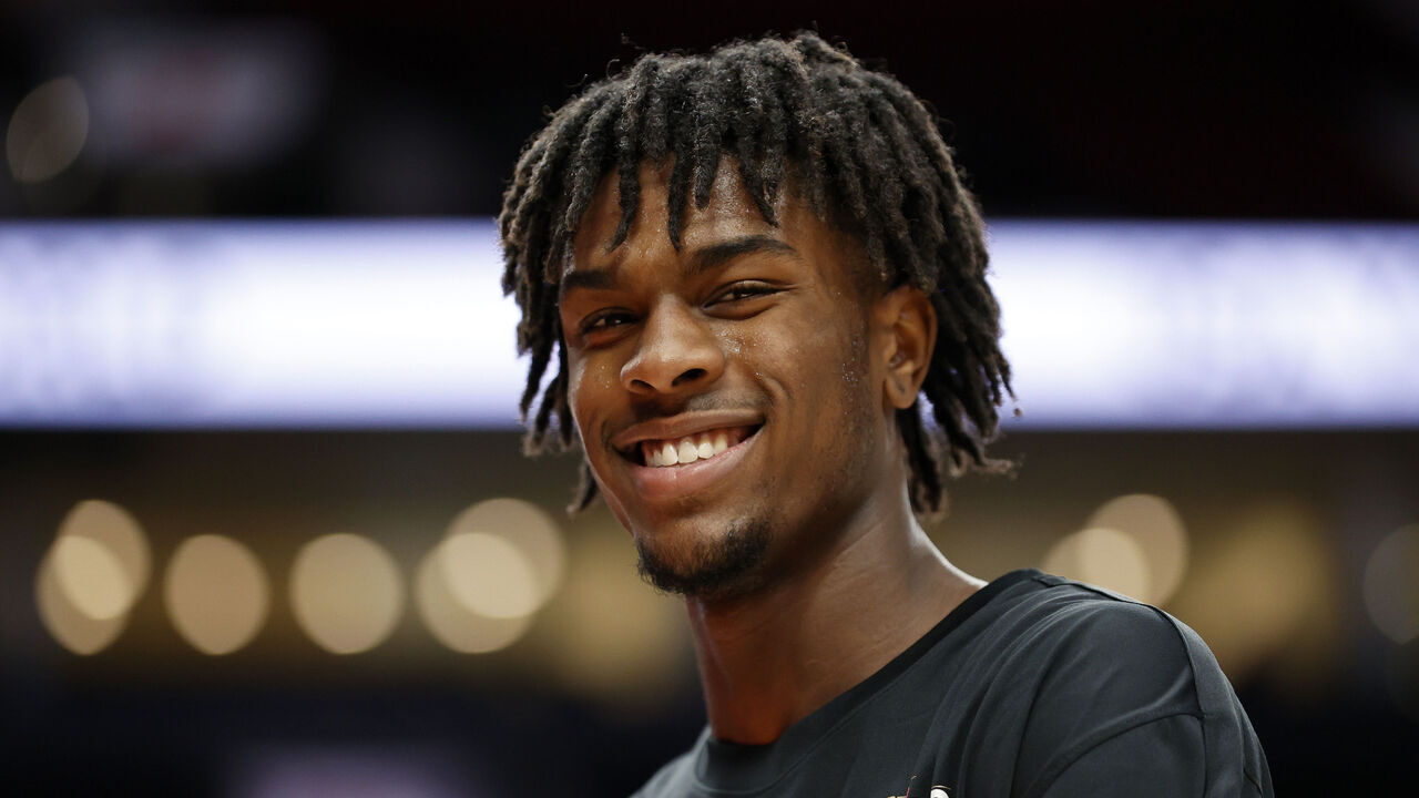 PORTLAND, OREGON - APRIL 08: MacKenzie Mgbako #6 of World Team smiles before the game between USA Team and World Team during the Nike Hoop Summit at Moda Center on April 08, 2022 in Portland, Oregon.