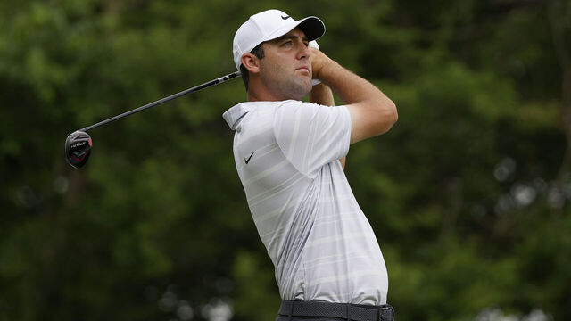 MCKINNEY, TEXAS - MAY 12: Scottie Scheffler of the United States plays his shot from the fifth tee during the second round of the AT&T Byron Nelson at TPC Craig Ranch on May 12, 2023 in McKinney, Texas.