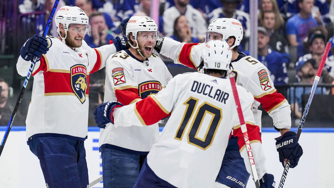 TORONTO, ON - MAY 12: Carter Verhaeghe #23 of the Florida Panthers celebrates his goal against the Toronto Maple Leafs with teammates Aleksander Barkov #16, Anthony Duclair #10 and Aaron Ekblad #5 during the first period in Game Five of the Second Round of the 2023 Stanley Cup Playoffs at the Scotiabank Arena on May 12, 2023 in Toronto, Ontario, Canada.