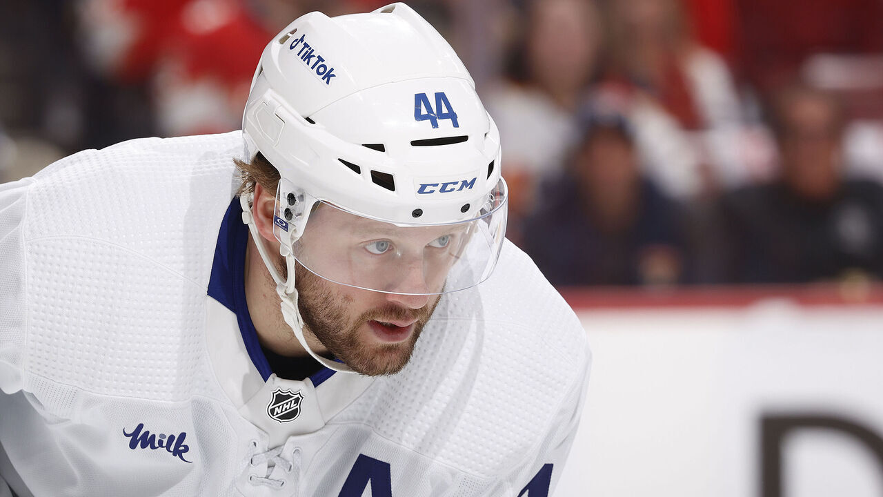 SUNRISE, FL - MAY 7: Morgan Rielly #44 of the Toronto Maple Leafs prepares for a face-off against the Florida Panthers in Game Three of the Second Round of the 2023 Stanley Cup Playoffs at the FLA Live Arena on May 7, 2023 in Sunrise, Florida. The Panthers defeated the Maple Leafs 3-2 in overtime.