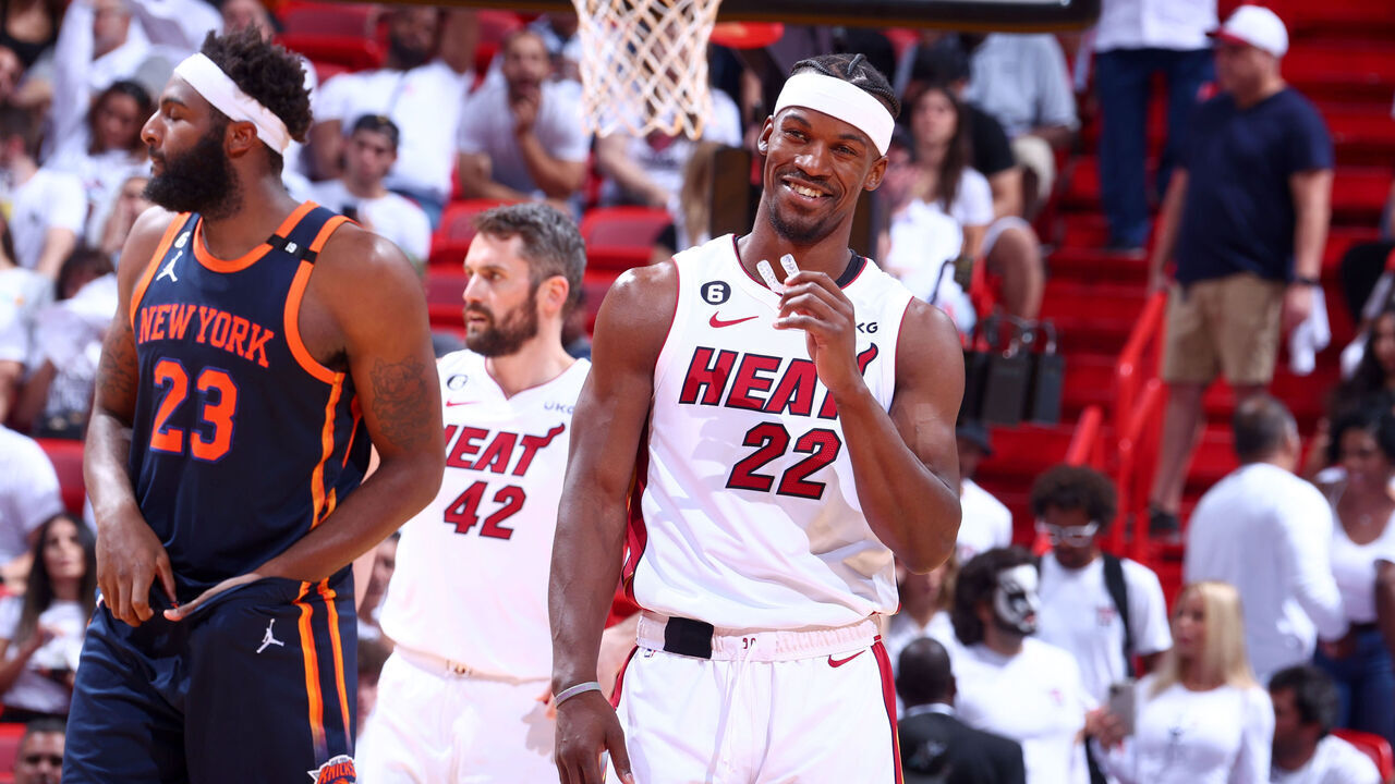 MIAMI, FL - MAY 12: Jimmy Butler #22 of the Miami Heat looks on during the game against the New York Knicks during Game 6 of the 2023 NBA Playoffs Eastern Conference semi-finals on May 12, 2023 at Kaseya Center in Miami, Florida. Mandatory Copyright Notice: Copyright 2023 NBAE