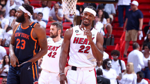 MIAMI, FL - MAY 12: Jimmy Butler #22 of the Miami Heat looks on during the game against the New York Knicks during Game 6 of the 2023 NBA Playoffs Eastern Conference semi-finals on May 12, 2023 at Kaseya Center in Miami, Florida. Mandatory Copyright Notice: Copyright 2023 NBAE