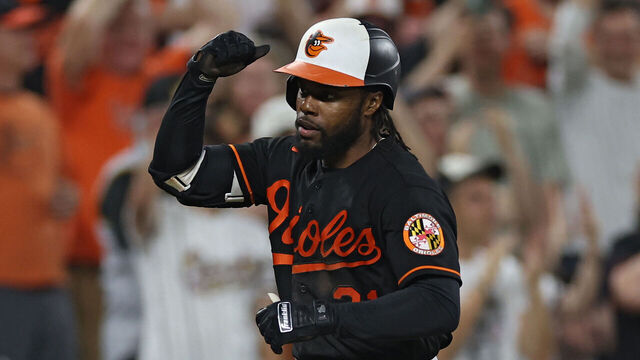 BALTIMORE, MARYLAND - MAY 12: Cedric Mullins #31 of the Baltimore Orioles celebrates after hitting a three run home run to complete the cycle against the Pittsburgh Pirates during the eighth inning at Oriole Park at Camden Yards on May 12, 2023 in Baltimore, Maryland.