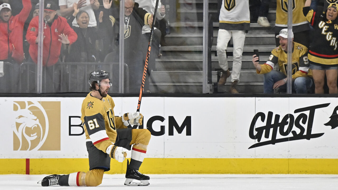 LAS VEGAS, NEVADA - MAY 12: Mark Stone #61 of the Vegas Golden Knights celebrates after scoring a goal during the second period against the Edmonton Oilers in Game Five of the Second Round of the 2023 Stanley Cup Playoffs at T-Mobile Arena on May 12, 2023 in Las Vegas, Nevada.