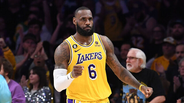 LOS ANGELES, CA - MAY 12: LeBron James #6 of the Los Angeles Lakers celebrates during Game Six of the Western Conference Semi-Finals of the 2023 NBA Playoffs against the Golden State Warriors on May 12, 2023 at Crypto.com Arena in Los Angeles, California. NOTE TO USER: User expressly acknowledges and agrees that, by downloading and/or using this Photograph, user is consenting to the terms and conditions of the Getty Images License Agreement. Mandatory Copyright Notice: Copyright 2023 NBAE