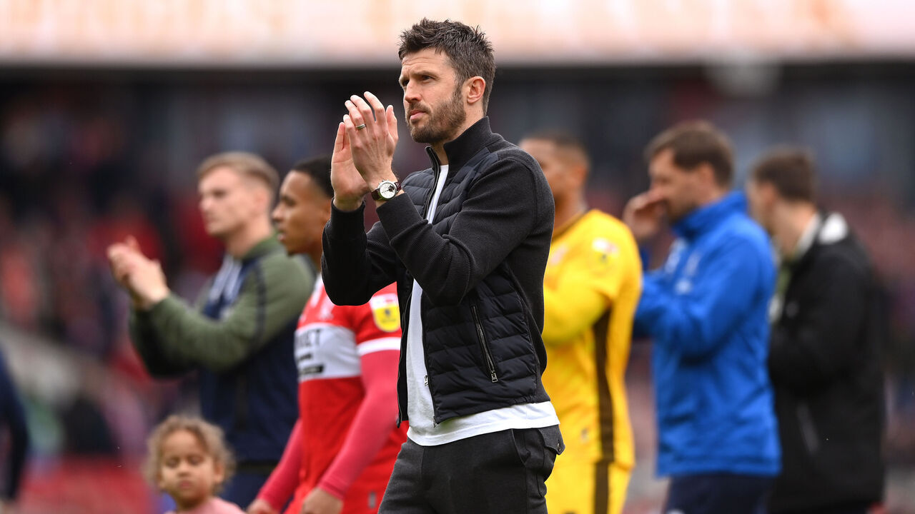 MIDDLESBROUGH, ENGLAND - MAY 08: Middlesbrough Head Coach Michael Carrick applauds the fans after the Sky Bet Championship between Middlesbrough and Coventry City at Riverside Stadium on May 08, 2023 in Middlesbrough, England.