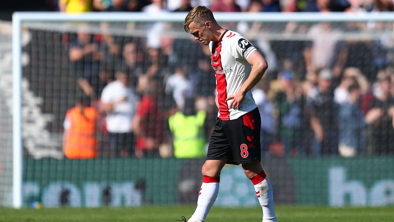 SOUTHAMPTON, ENGLAND - MAY 13: James Ward-Prowse of Southampton looks dejected during the Premier League match between Southampton FC and Fulham FC at Friends Provident St. Mary's Stadium on May 13, 2023 in Southampton, England.