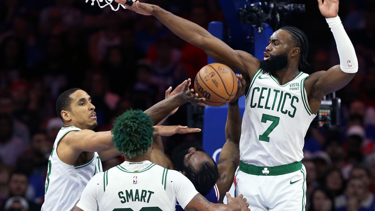 Philadelphia, PA - May 11: Boston Celtics PG Malcolm Brogdon and SG Jaylen Brown impede the progress of Philadelphia 76ers SG James Harden in the first half. The Celtics defeated the 76ers, 95-86, in Game 6 of the 2023 Eastern Conference Semifinals.