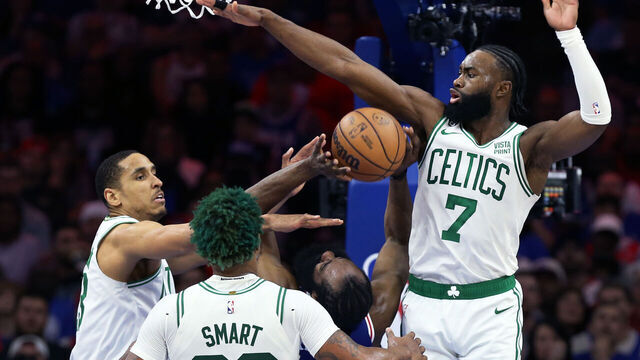 Philadelphia, PA - May 11: Boston Celtics PG Malcolm Brogdon and SG Jaylen Brown impede the progress of Philadelphia 76ers SG James Harden in the first half. The Celtics defeated the 76ers, 95-86, in Game 6 of the 2023 Eastern Conference Semifinals.