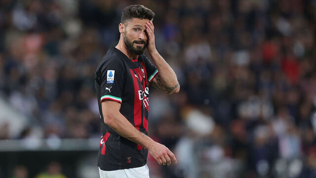 LA SPEZIA, ITALY - MAY 13: Olivier Jonatha Giroud of AC Milan shows his dejection during the Serie A match between Spezia Calcio and AC MIlan at Stadio Alberto Picco on May 13, 2023 in La Spezia, Italy.