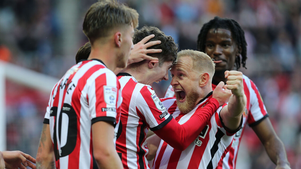 SUNDERLAND, ENGLAND - MAY 13: Trai Hume of Sunderland celebrates after scoring the second Sunderland goal during the Sky Bet Championship Play-Off Semi-Final First Leg match between Sunderland and Luton Town at Stadium of Light on May 13, 2023 in Sunderland, United Kingdom.