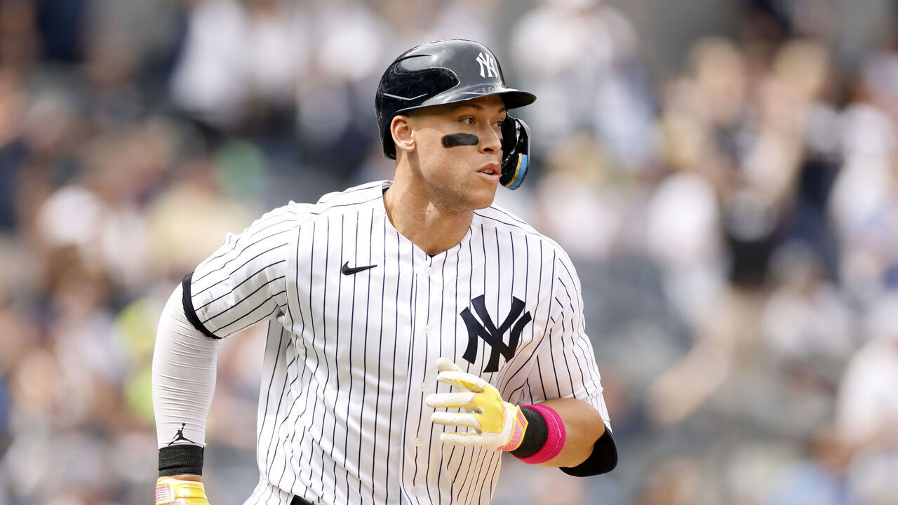 NEW YORK, NEW YORK - MAY 13: Aaron Judge #99 of the New York Yankees hits a two-run home run during the fifth inning against the Tampa Bay Rays at Yankee Stadium on May 13, 2023 in the Bronx borough of New York City.