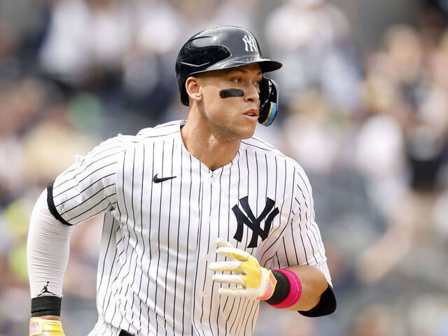 NEW YORK, NEW YORK - MAY 13: Aaron Judge #99 of the New York Yankees hits a two-run home run during the fifth inning against the Tampa Bay Rays at Yankee Stadium on May 13, 2023 in the Bronx borough of New York City.