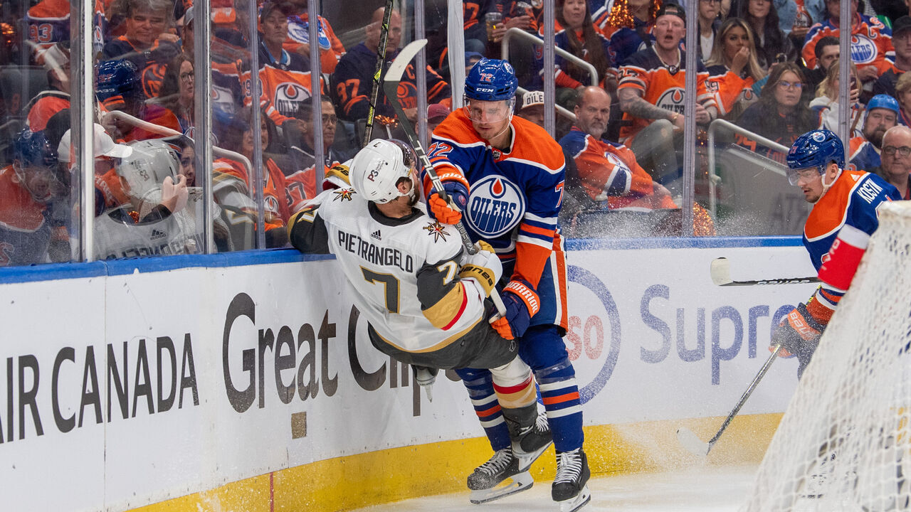EDMONTON, CANADA - MAY 10: Nick Bjugstad #72 of the Edmonton Oilers checks Alex Pietrangelo #7 of the Vegas Golden Knights in Game Four of the Second Round of the 2023 Stanley Cup Playoffs at Rogers Place on May 10, 2023, in Edmonton, Alberta, Canada.