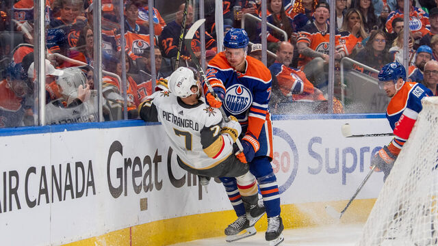EDMONTON, CANADA - MAY 10: Nick Bjugstad #72 of the Edmonton Oilers checks Alex Pietrangelo #7 of the Vegas Golden Knights in Game Four of the Second Round of the 2023 Stanley Cup Playoffs at Rogers Place on May 10, 2023, in Edmonton, Alberta, Canada.