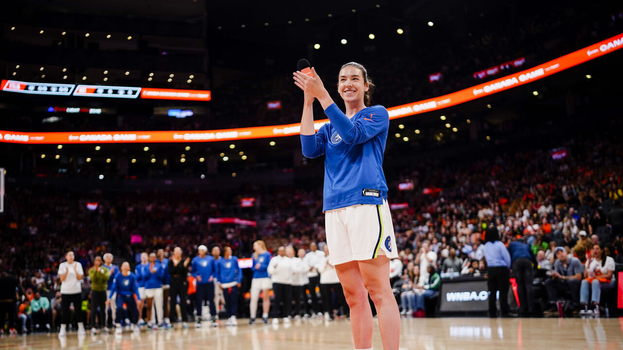 TORONTO, CANADA - MAY 13: Bridget Carleton #6 of the Minnesota Lynx addresses the crowd before the game against the Chicago Sky on May 13, 2023 at the Scotiabank Arena in Toronto, Ontario, Canada. Mandatory Copyright Notice: Copyright 2023 NBAE