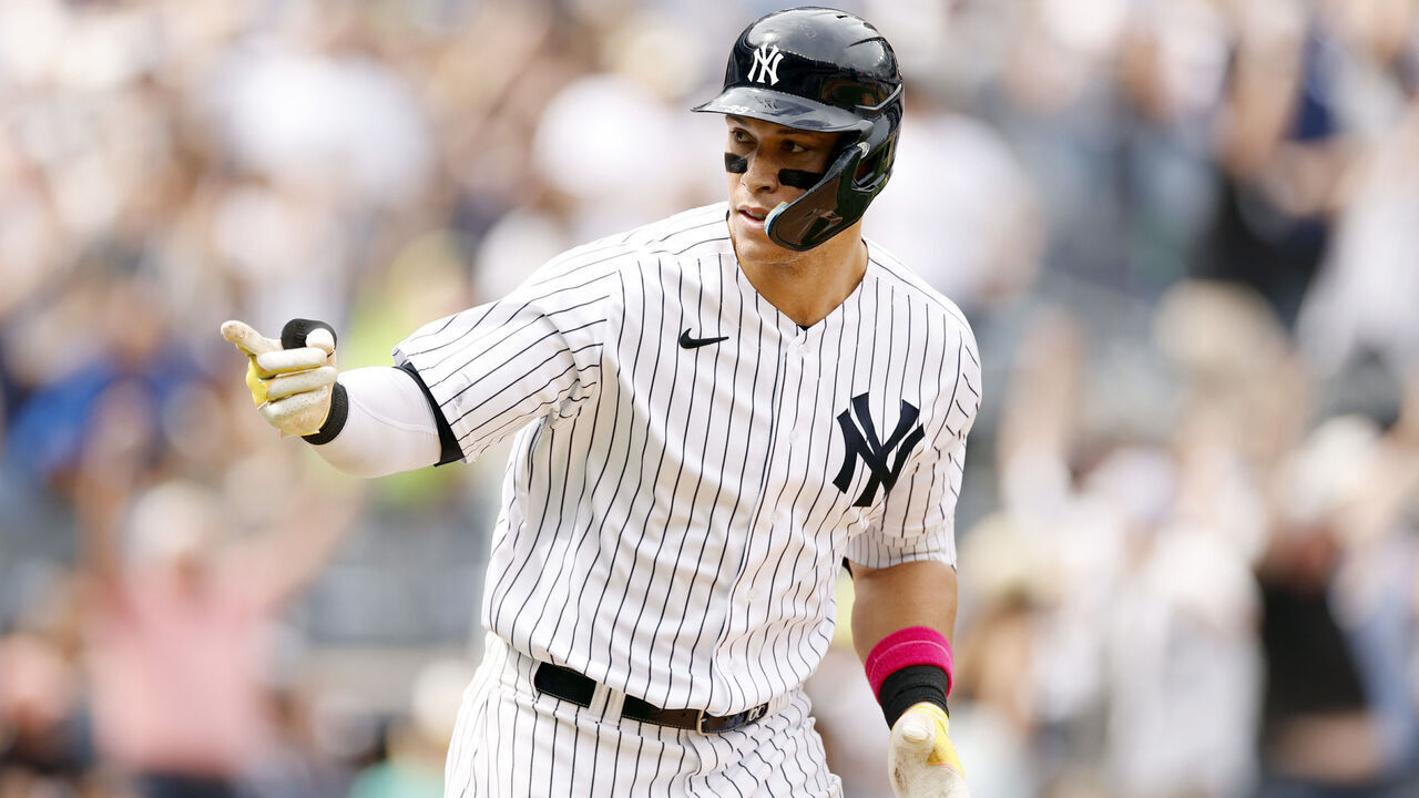 NEW YORK, NEW YORK - MAY 13: Aaron Judge #99 of the New York Yankees reacts after hitting a two-run home run during the sixth inning against the Tampa Bay Rays at Yankee Stadium on May 13, 2023 in the Bronx borough of New York City.