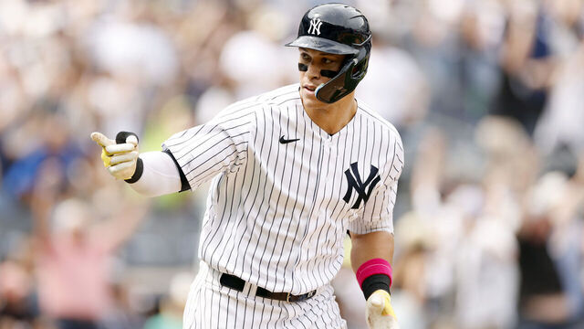 NEW YORK, NEW YORK - MAY 13: Aaron Judge #99 of the New York Yankees reacts after hitting a two-run home run during the sixth inning against the Tampa Bay Rays at Yankee Stadium on May 13, 2023 in the Bronx borough of New York City.