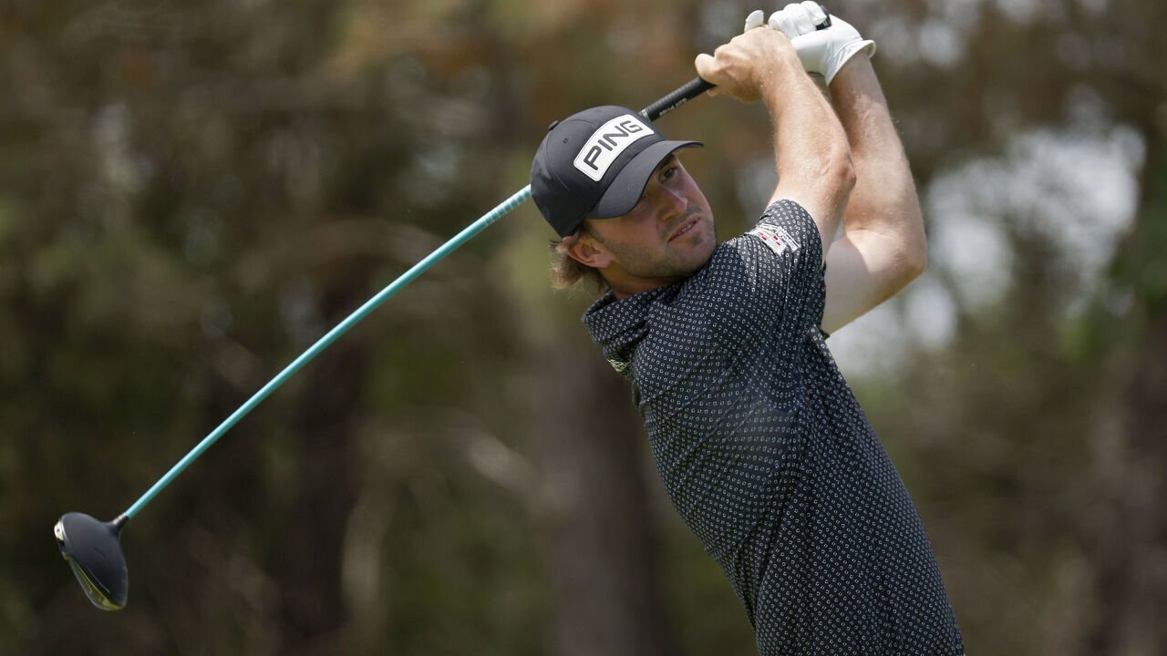 MCKINNEY, TEXAS - MAY 13: Austin Eckroat of the United States plays his shot from the 14th tee during the third round of the AT&T Byron Nelson at TPC Craig Ranch on May 13, 2023 in McKinney, Texas.
