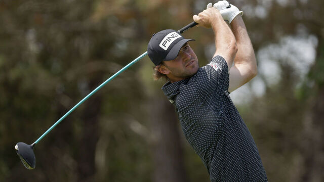MCKINNEY, TEXAS - MAY 13: Austin Eckroat of the United States plays his shot from the 14th tee during the third round of the AT&T Byron Nelson at TPC Craig Ranch on May 13, 2023 in McKinney, Texas.