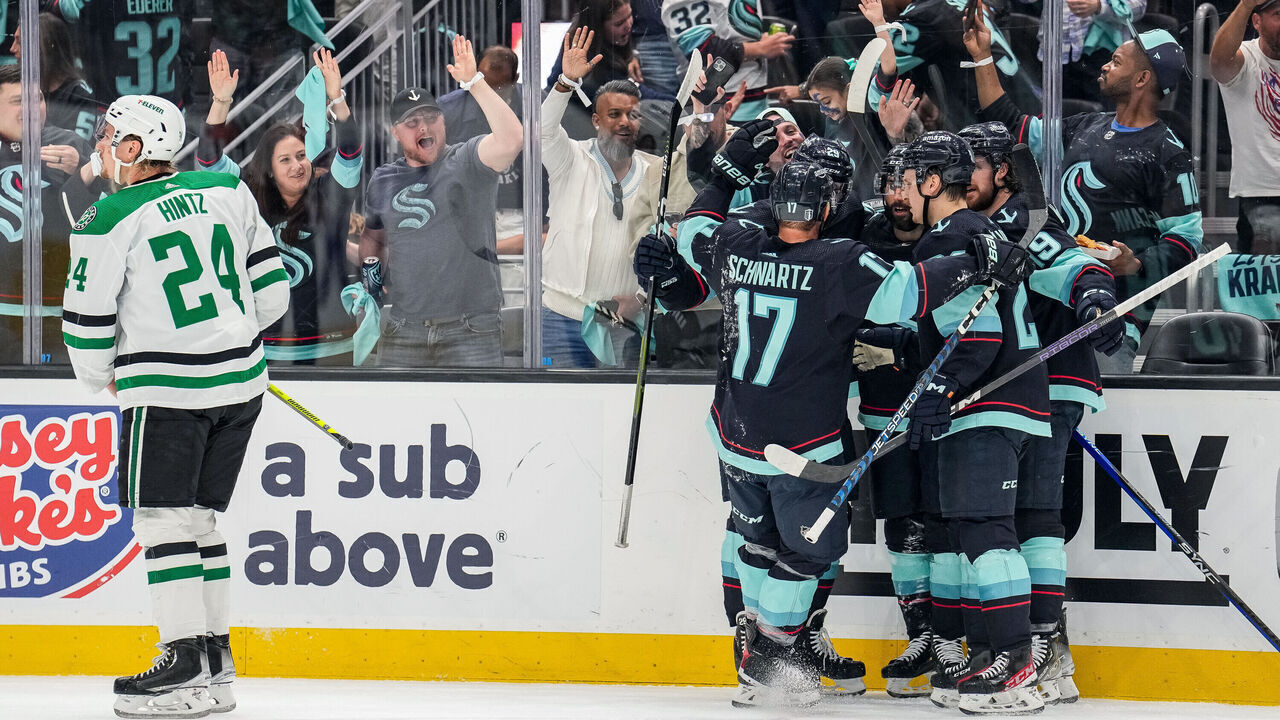 SEATTLE, WASHINGTON - MAY 12:The Seattle Kraken celebrate a goal by Jordan Eberle #7 during the first period against the Dallas Stars in Game Six of the Second Round of the 2023 Stanley Cup Playoffs at Climate Pledge Arena on May 12, 2023 in Seattle, Washington.