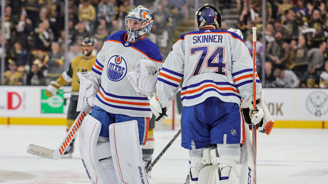 LAS VEGAS, NEVADA - MAY 12: Jack Campbell #36 of the Edmonton Oilers comes into the game to replace Stuart Skinner #74 in the second period of Game Five of the Second Round of the 2023 Stanley Cup Playoffs against the Vegas Golden Knights at T-Mobile Arena on May 12, 2023 in Las Vegas, Nevada. The Golden Knights defeated the Oilers 4-3.