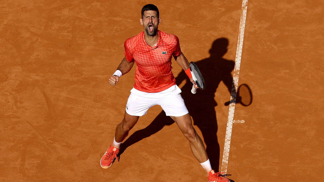 ROME, ITALY - MAY 14: Novak Djokovic of Serbia celebrates during the Men's Singles Round of 32 match against Grigor Dimitrov of Bulgaria during Day Seven of the Internazionali BNL D'Italia 2023 at Foro Italico on May 14, 2023 in Rome, Italy.