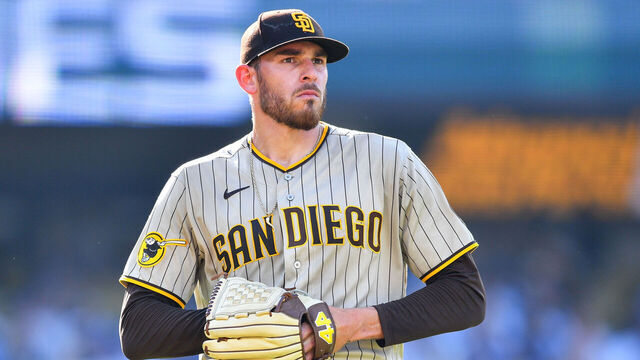LOS ANGELES, CA - MAY 13: San Diego Padres pitcher Joe Musgrove (44) looks on during the MLB game between the San Diego Padres and the Los Angeles Dodgers on May 13, 2023 at Dodger Stadium in Los Angeles, CA.