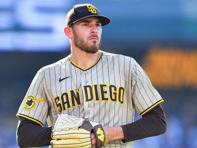 LOS ANGELES, CA - MAY 13: San Diego Padres pitcher Joe Musgrove (44) looks on during the MLB game between the San Diego Padres and the Los Angeles Dodgers on May 13, 2023 at Dodger Stadium in Los Angeles, CA.