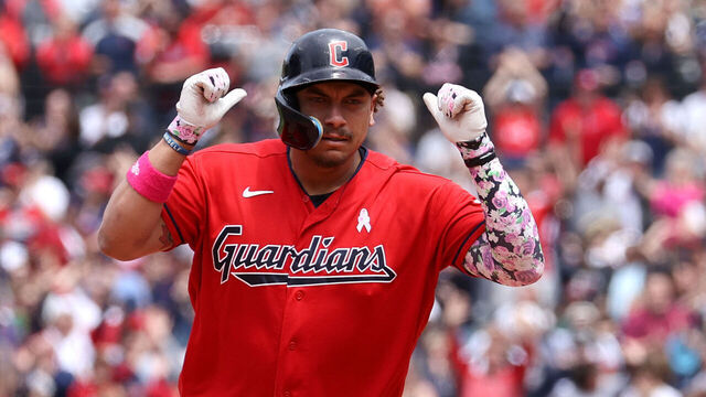 CLEVELAND, OH - MAY 14: Cleveland Guardians designated hitter Josh Naylor (22) celebrates as he rounds the bases after hitting a 3-run home run during the eight inning of the Major League Baseball game between the Los Angeles Angels and Cleveland Guardians on May 14, 2023, at Progressive Field in Cleveland, OH.