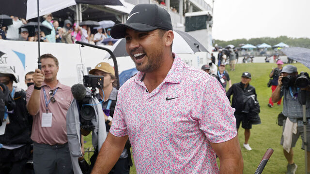 MCKINNEY, TEXAS - MAY 14: Jason Day of Australia walks off the 18th green after finishing his round during the final round of the AT&T Byron Nelson at TPC Craig Ranch on May 14, 2023 in McKinney, Texas.