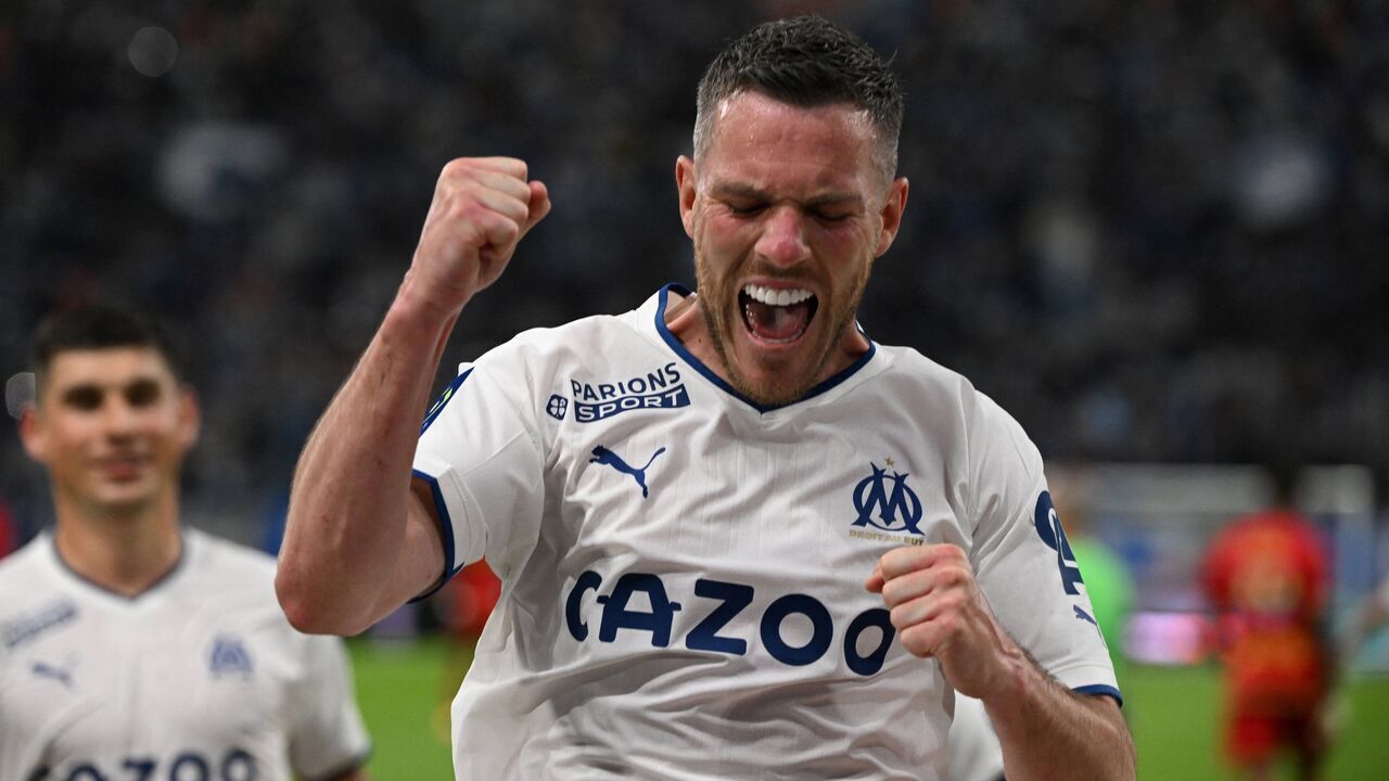 Marseille's French midfielder Jordan Veretout celebrates after scoring a goal during the French L1 football match between Olympique Marseille (OM) and SCO Angers at Stade Velodrome in Marseille, southern France on May 14, 2023.