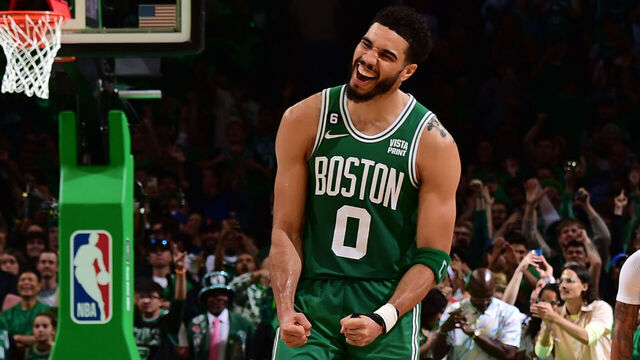 BOSTON, MA - MAY 14: Jayson Tatum #0 of the Boston Celtics celebrates during the game against the Philadelphia 76ers during the Eastern Conference Semi-Finals of the 2023 NBA Playoffs on May 14, 2023 at the TD Garden in Boston, Massachusetts. Mandatory Copyright Notice: Copyright 2023 NBAE