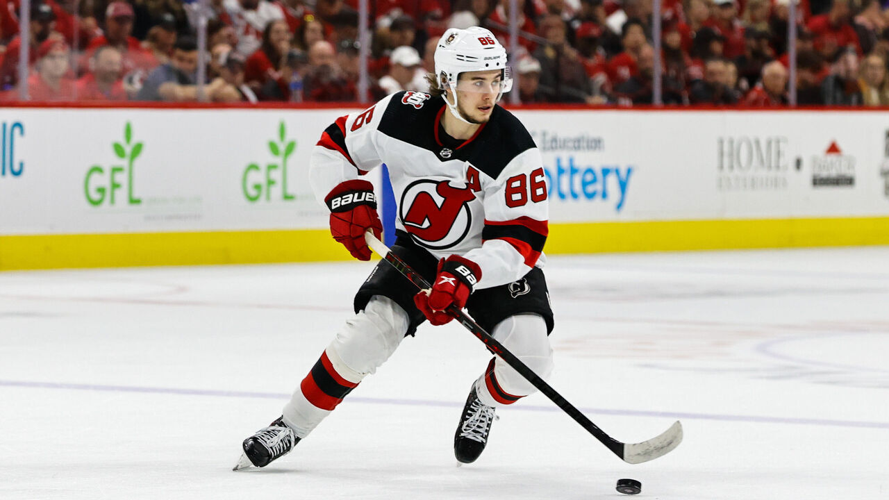 RALEIGH, NC - MAY 11: Jack Hughes #86 of the New Jersey Devils skates with the puck against Carolina Hurricanes during the second period of Eastern Conference Game Five of the Second Round of the 2023 Stanley Cup Playoffs at PNC Arena on May 11, 2023 in Raleigh, North Carolina.
