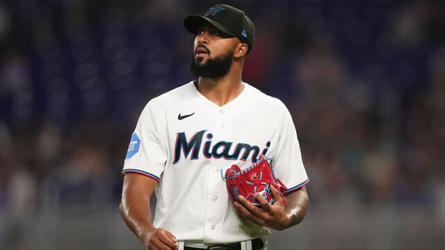 MIAMI, FL - MAY 02: Sandy Alcantara #22 of the Miami Marlins walks off the mound after the third out of the inning in the game against the Atlanta Braves at loanDepot park on May 2, 2023 in Miami, Florida. (Jasen Vinlove/Miami Marlins/Getty Images)
