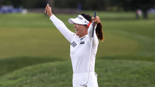 CLIFTON, NEW JERSEY - MAY 14: Jin Young Ko of South Korea reacts to a playoff win against Minjee Lee of Australia during the final round of the Cognizant Founders Cup at Upper Montclair Country Club on May 14, 2023 in Clifton, New Jersey.