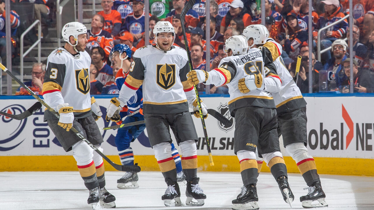 EDMONTON, CANADA - MAY 14 Jonathan Marchessault #81 of the Vegas Golden Knights celebrates after his second period goal against the Edmonton Oilers with Brayden McNabb #3, Ivan Barbashev #49 and Jack Eichel #9 in Game Six of the Second Round of the 2023 Stanley Cup Playoffs at Rogers Place on May 14, 2023, in Edmonton, Alberta, Canada.