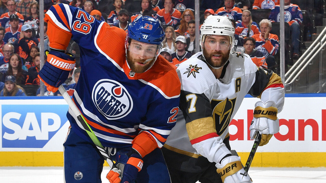 EDMONTON, CANADA - MAY 14 Leon Draisaitl #29 of the Edmonton Oilers skates against Alex Pietrangelo #7 of the Vegas Golden Knights in Game Six of the Second Round of the 2023 Stanley Cup Playoffs at Rogers Place on May 14, 2023, in Edmonton, Alberta, Canada.