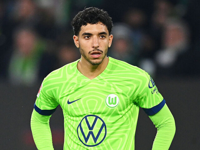 WOLFSBURG, GERMANY - APRIL 16: Omar Marmoush of VfL Wolfsburg looks on during the Bundesliga match between VfL Wolfsburg and Bayer 04 Leverkusen at Volkswagen Arena on April 16, 2023 in Wolfsburg, Germany.