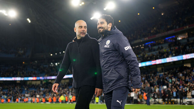 MANCHESTER, ENGLAND - MAY 03: Pep Guardiola and Ilkay Guendogan of Manchester City celebrate after the team's victory during the Premier League match between Manchester City and West Ham United at Etihad Stadium on May 03, 2023 in Manchester, England.