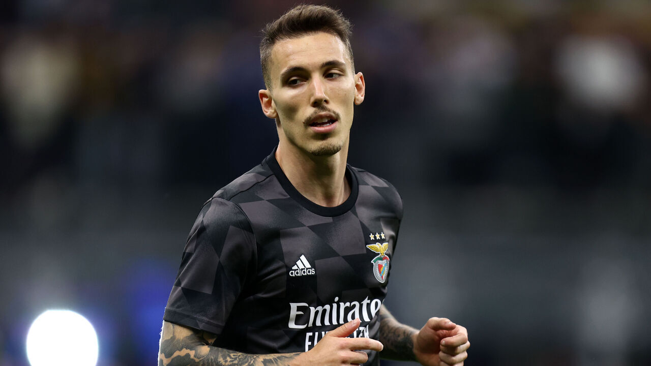 STADIO GIUSEPPE MEAZZA, MILANO, ITALY - 2023/04/19: Alejandro Grimaldo of SL Benfica during warm up before the Uefa Champions League quarter-final second leg match between Fc Internazionale and Sl Benfica. The match ends in a tie 3-3. Inter went through to the next round with an aggregate score of 5-3.