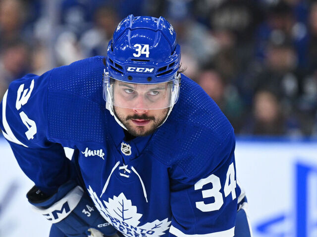 TORONTO, ON - MAY 12: Toronto Maple Leafs center Auston Matthews (34) looks on prior to the face off during the third period of game 5 in the Eastern Conference Second Round between the Florida Panthers and the Toronto Maple Leafs on May 12, 2023, at Scotiabank Arena in Toronto, ON, Canada.
