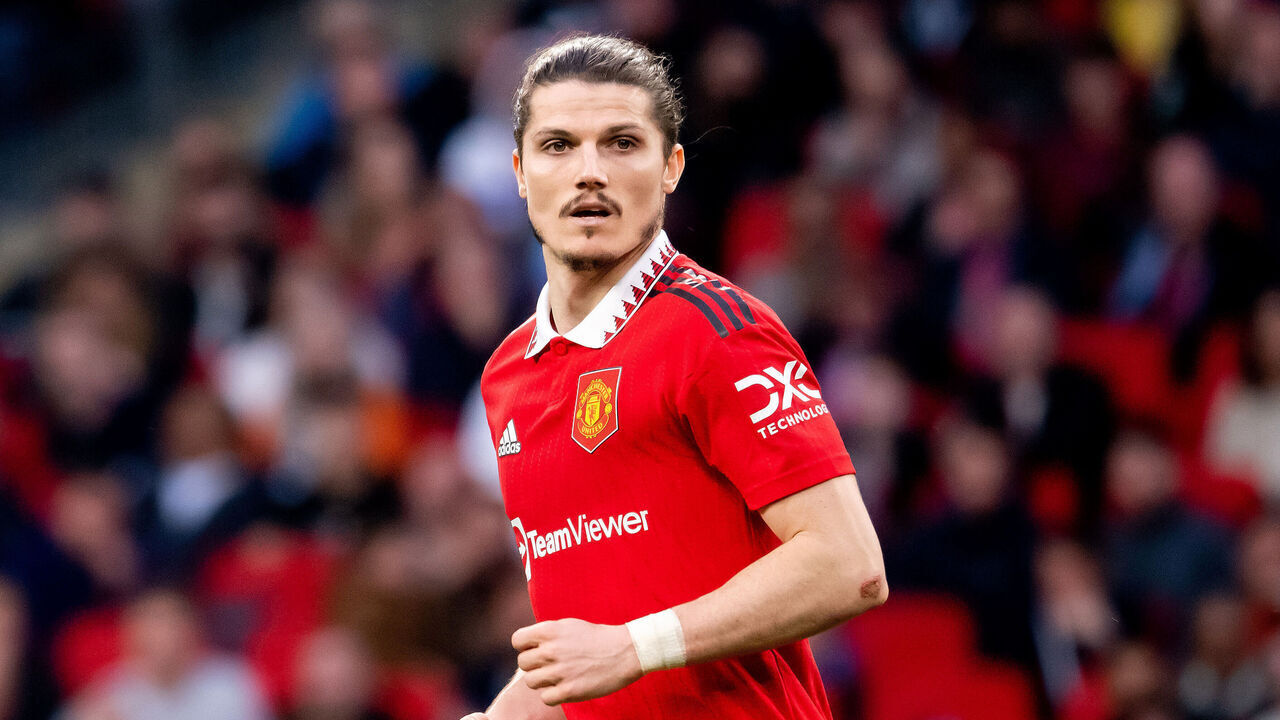LONDON, ENGLAND - APRIL 23: Marcel Sabitzer of Manchester United in action during the Emirates FA Cup Semi Final match between Brighton & Hove Albion and Manchester United at Wembley Stadium on April 23, 2023 in London, England.