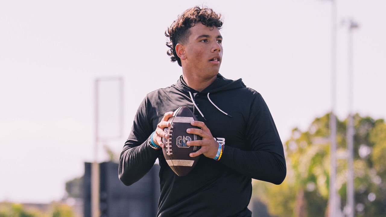 ORANGE COUNTY, CA - JANUARY 28: Quarterback Dylan Raiola going through drills during 3DQB Off-season prep in a park on January 28, 2023 in Orange County, CA.