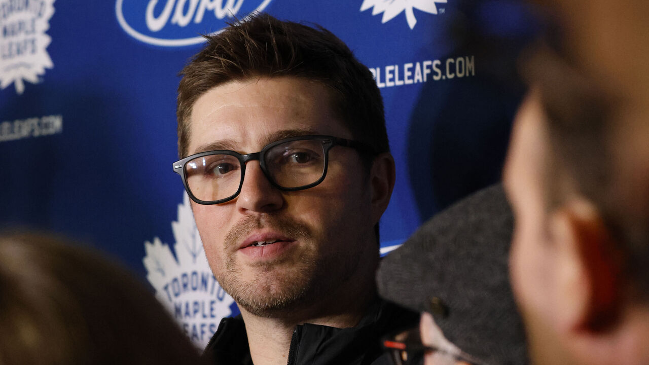 TORONTO, ON - February 9: Toronto Maple Leafs General Manager Kyle Dubas holds a briefing at the Ford Performance Centre in Toronto. Toronto Star/Lance McMillan February-9-2023 (Lance McMillan/Toronto Star via Getty Images)